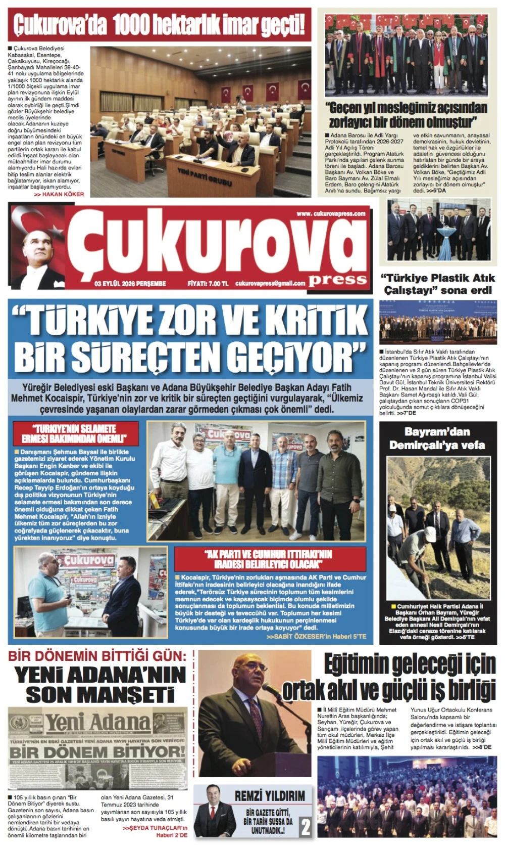 03 Eyl&uuml;l 2026 Perşembe